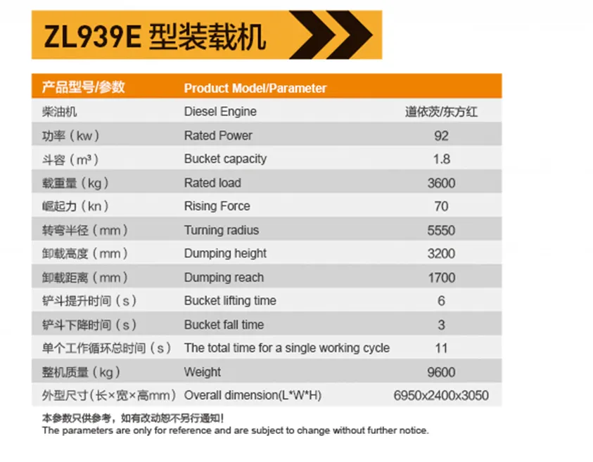 ZL939E 型裝載機(jī)參數(shù)